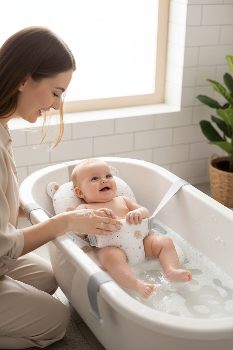 Coussin-de bain-bébé. Bébé installé sur le coussin de bain oursons dans sa baignoire, maman à côté