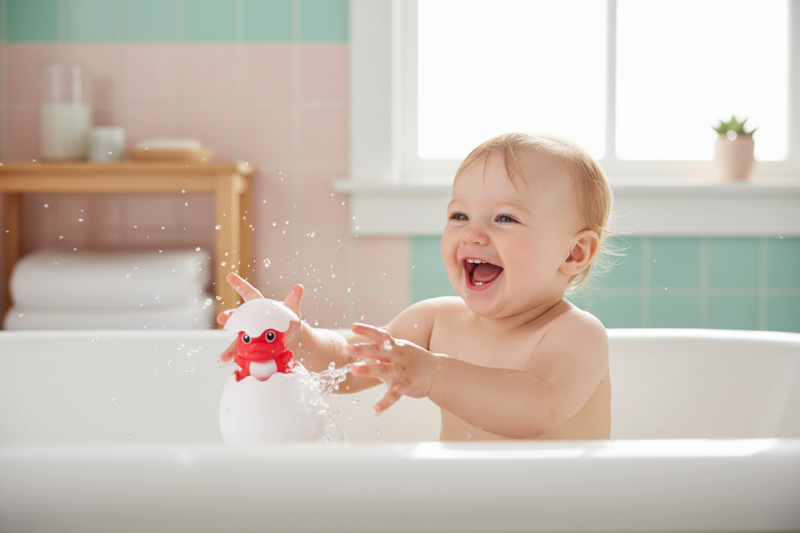 Jouet pour bain bebe. Bebe joue avec ses jouets dans le bain