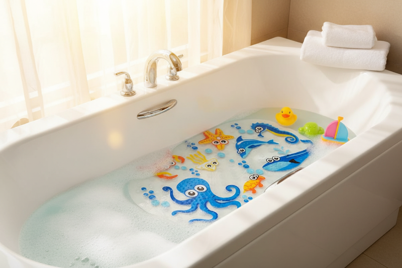 Tapis de bain pour bébé . Bébé prend son bain dans une baignoire sécuritaire