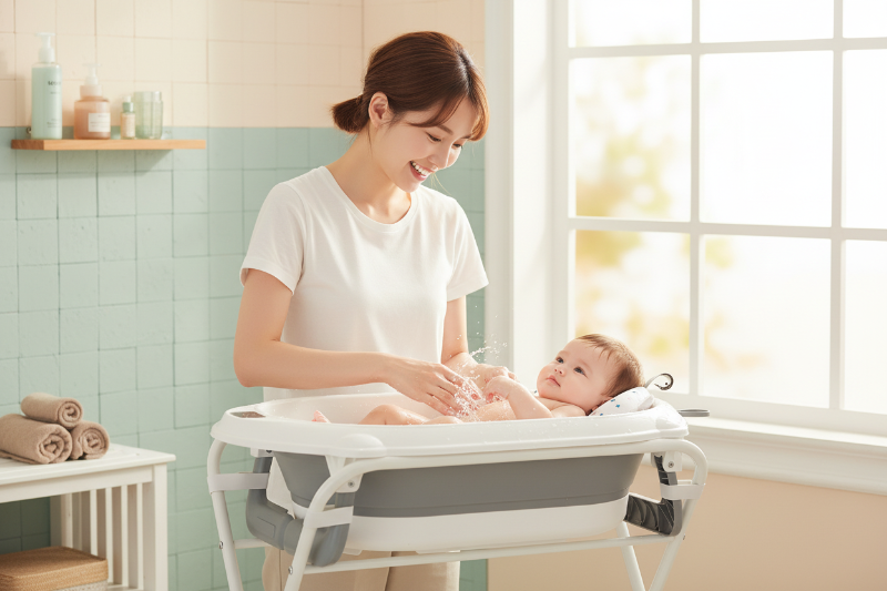 Baignoire bébé sur pied pliable. Bébé prends son bain