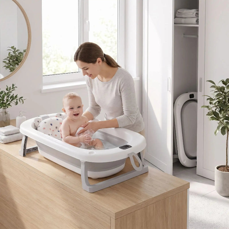 Baignoire bébé pliabe. Bebe prend son bain