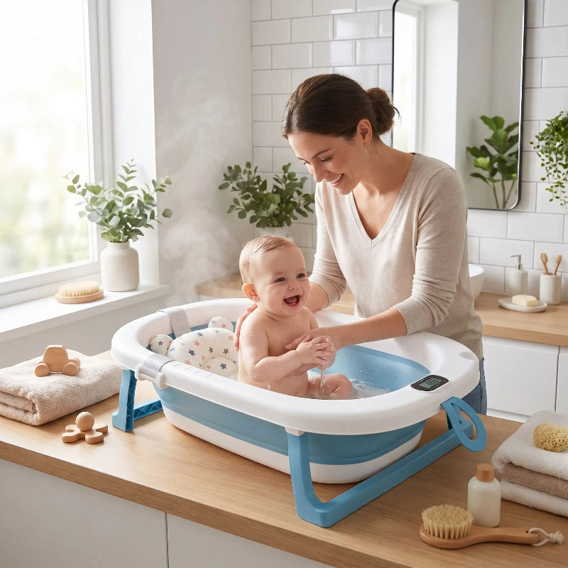 Baignoire bébé pliable. Bebe prend son bain