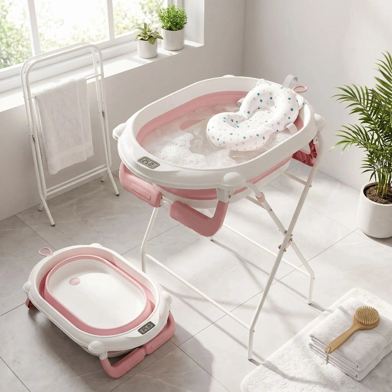 Baigoire bébé sur pied pliable . Bébé prends son bain