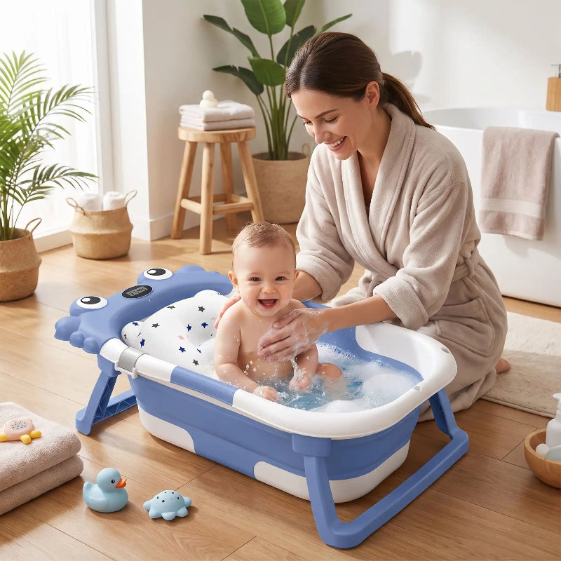 Baignoire pour bébé. Bébé prend son bain avec maman 