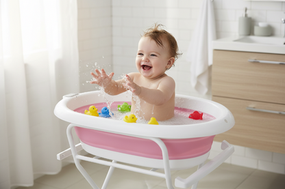 Baignoire sur pied Bébé. heureux dans sa baignoire sourit lors du bain.