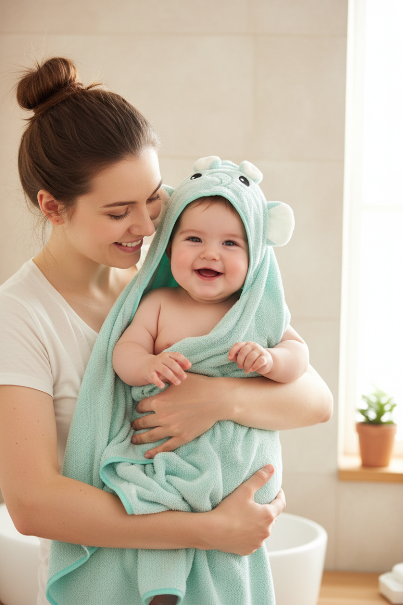 Cape de bain bébé . Bébé enveloppé dans la cape de bain vert menthe à capuche, porté par sa maman