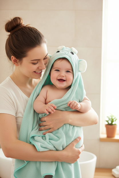 Cape de bain bébé . Bébé enveloppé dans la cape de bain vert menthe à capuche, porté par sa maman