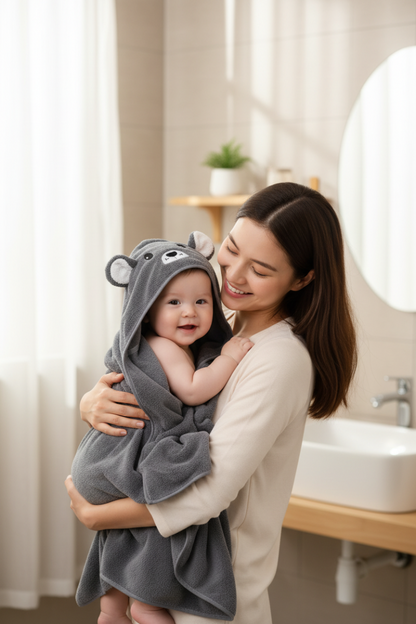 Cape de bain bébé . Bébé enveloppé dans la cape de bain grise à capuche koala, porté par sa maman