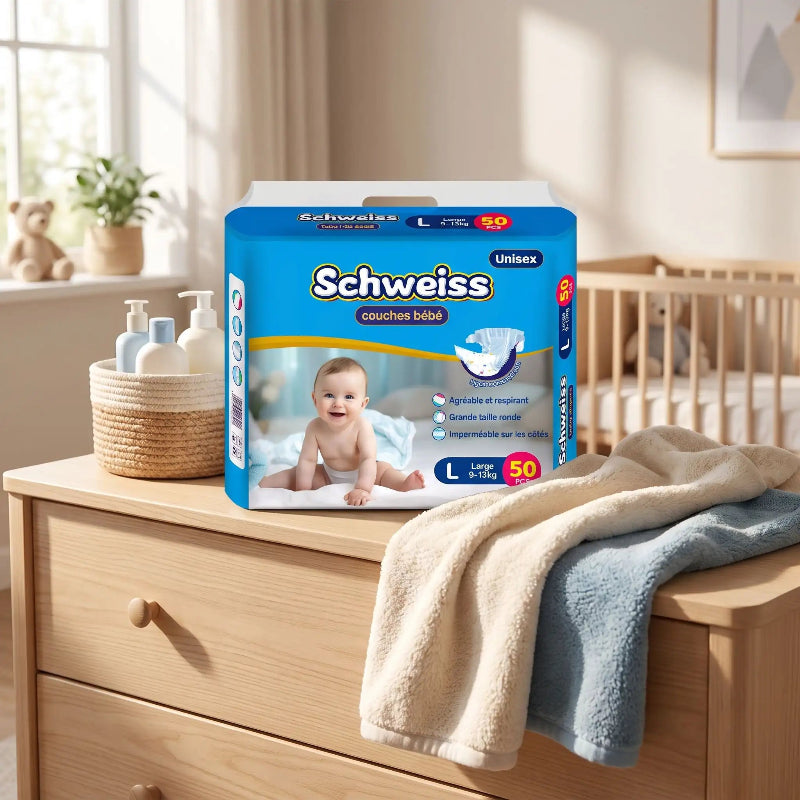 Couche bebe. Bebe met une couche aerable après le bain.