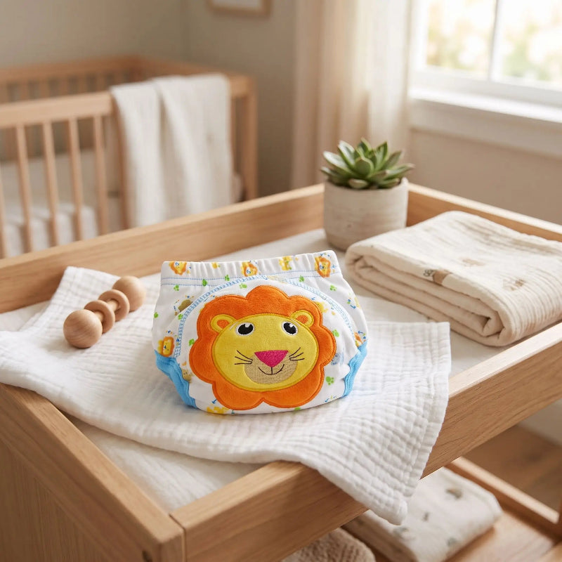 Couche lavable bebe. Bébé est habillé avec une jolie couche lavable bébé