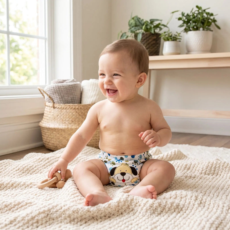 Couche lavable bebe. Bébé porte une jolie couche lavable après son bain