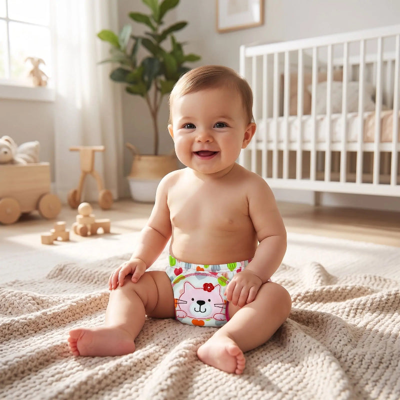 Couche lavable bebe. Bébé est couvert avec une jolie couche lavable.