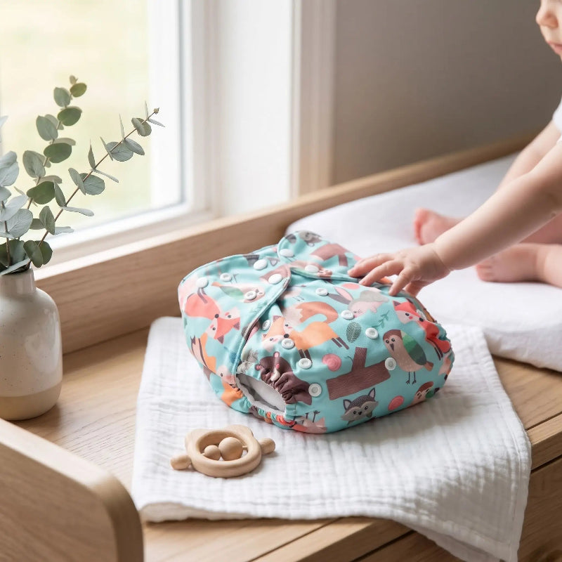 Couche lavable pour bébé.Bébé est habillé après le bain d'une jolie couche lavable pour bébé