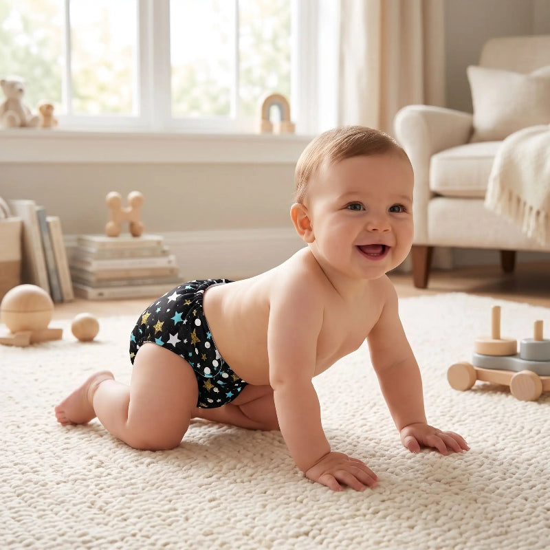 Couche lavable pour bébé. Bébé est habillé avec une belle lavable pour bébé