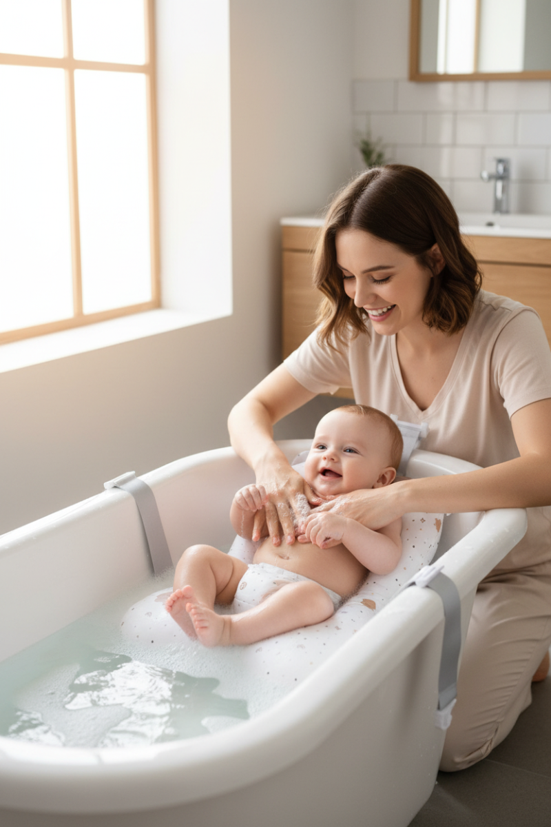 Coussin de bain bébé . Bébé sur le coussin de bain oursons dans sa baignoire, format vertical. 