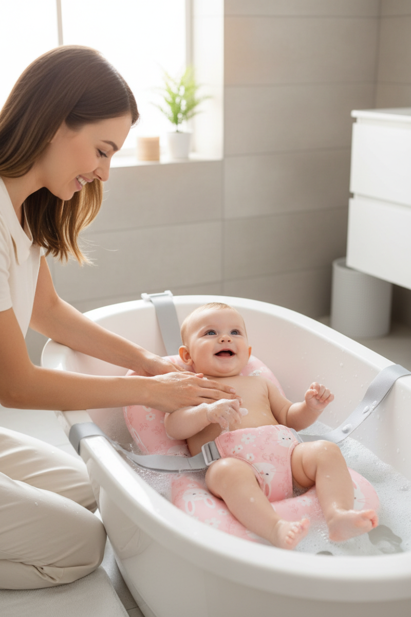 Coussin de bain Bébé .  le coussin de bain rose à lapins dans sa baignoire, format vertical