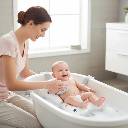 Coussin de bain bébé . Bébé installé sur le coussin de bain dans sa baignoire, maman à côté