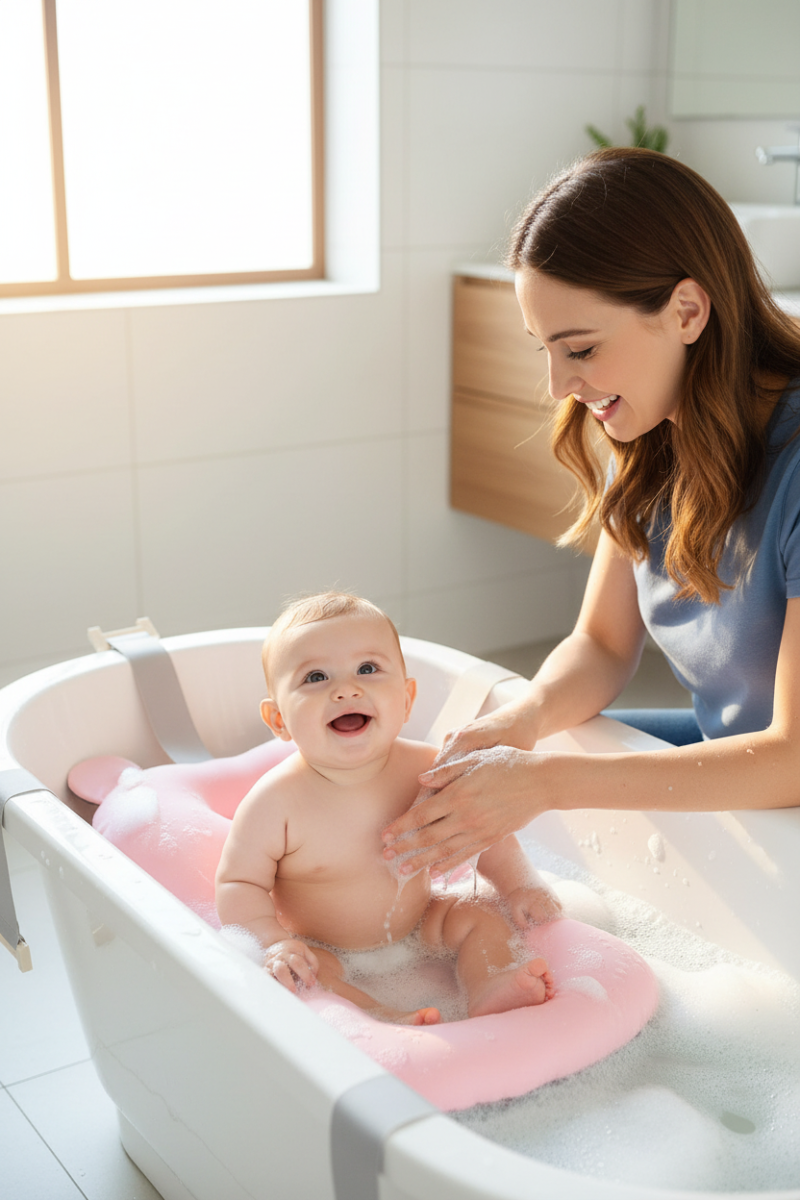 Coussin de bain bébé.  Bébé sur le coussin de bain rose dans sa baignoire, format vertical