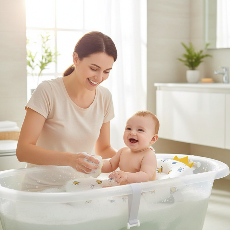 Coussin de bain bébé. Bébé installé sur le coussin de bain à couronnes dans sa baignoire, maman à côté
