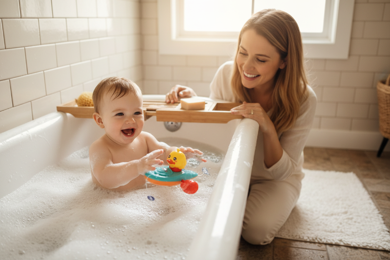 Jouet bain bebe. Bebe joue avec ses jouets dans le bain