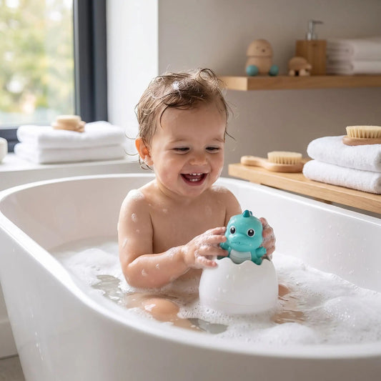Jouet pour bain bebe. Bebe joue dans le bain avec ses jouets.