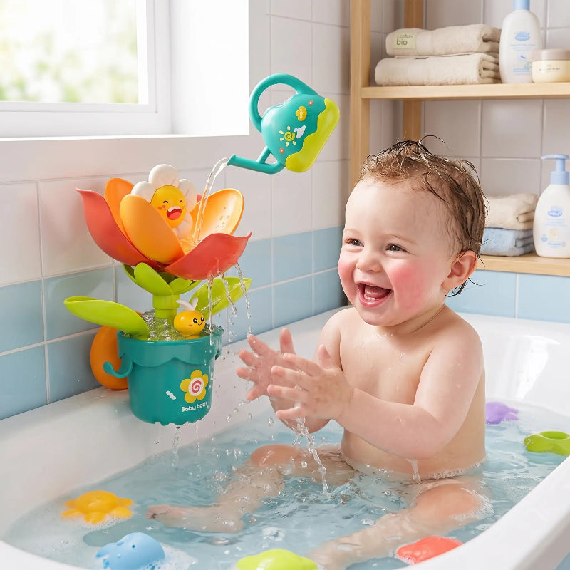Jouet  de bain pour bebe. Bebe joue dans le bain