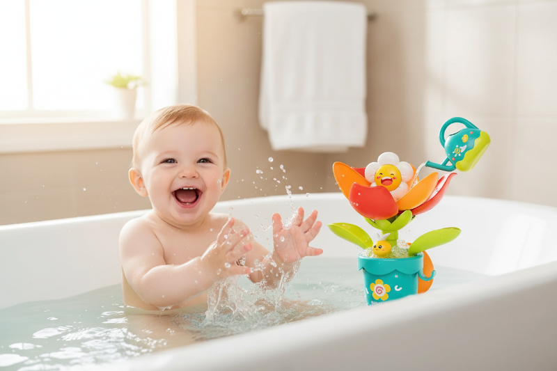 Jouet de bain pour bebe. Bebe prend son bain