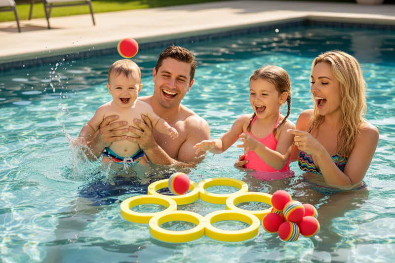 Jeu d'eau. Bebe joue avec sa famille dans l'eau