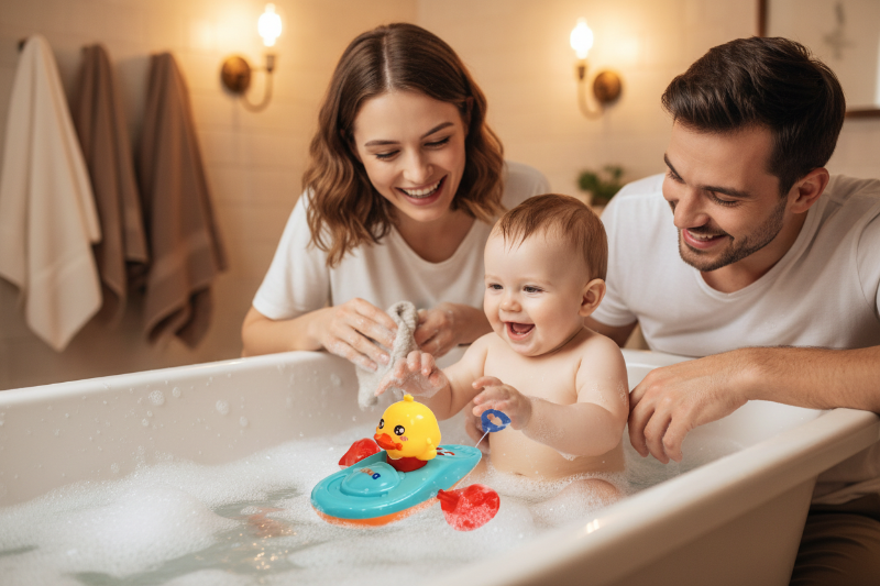 Jouet bain bebe. La famille passe du temps avec bebe pendant son temps de bain.