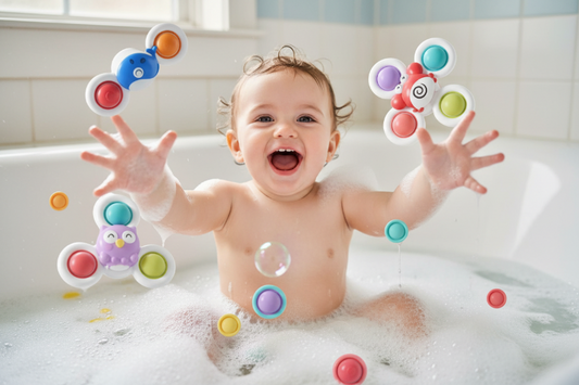 Jouets de bains bebe. Bebe joue dans le bain avec ses jouets