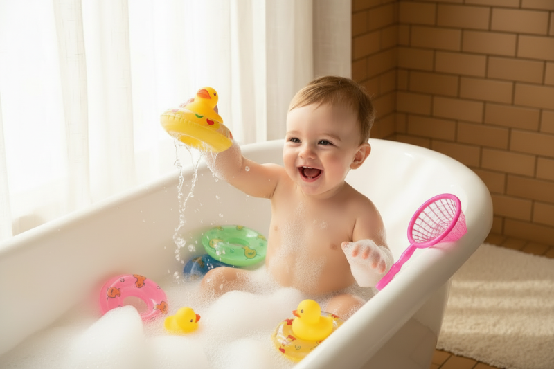 Jouet pour le bain bebe. Bebe prend son bain
