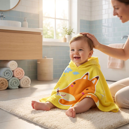 Cape de bain pour bebe. Bebe est couvert avec un joli cape de bain pour bebe
