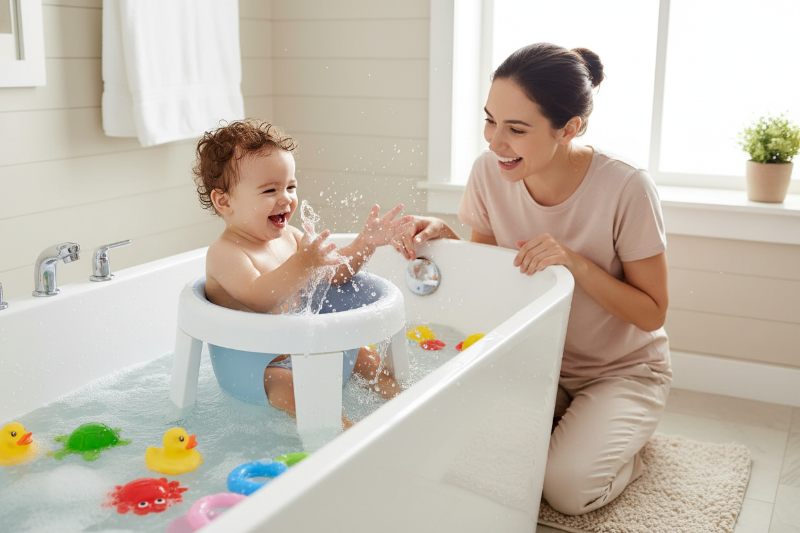 Sieges de bains  bebe. Bebe a du plaisir dans le bain avec les jouets