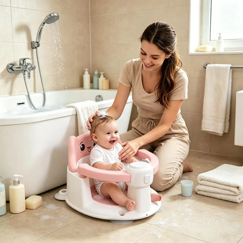 Siege pour bebe dans le bain. Bebe prend son bain