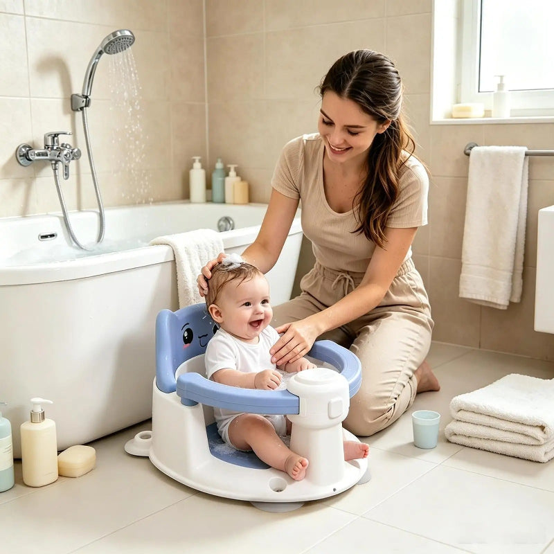 Siege pour bebe dans le bain. Bebe prend son bain