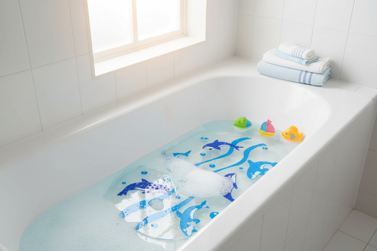 Tapis de bain pour bébé. Bebe prend son bain dans une baignoire sécuritaire