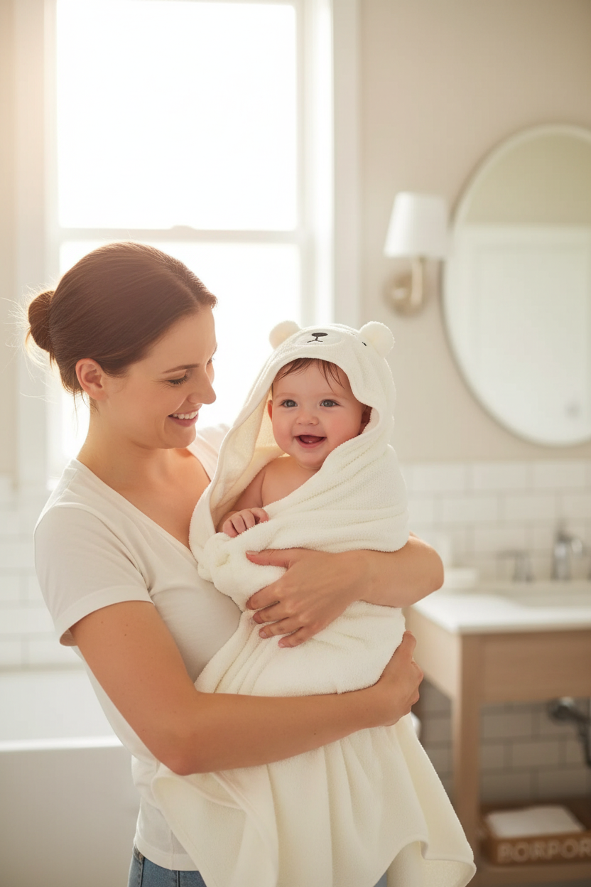 Bébé enveloppé dans la cape de bain blanche à capuche ourson, porté par sa maman