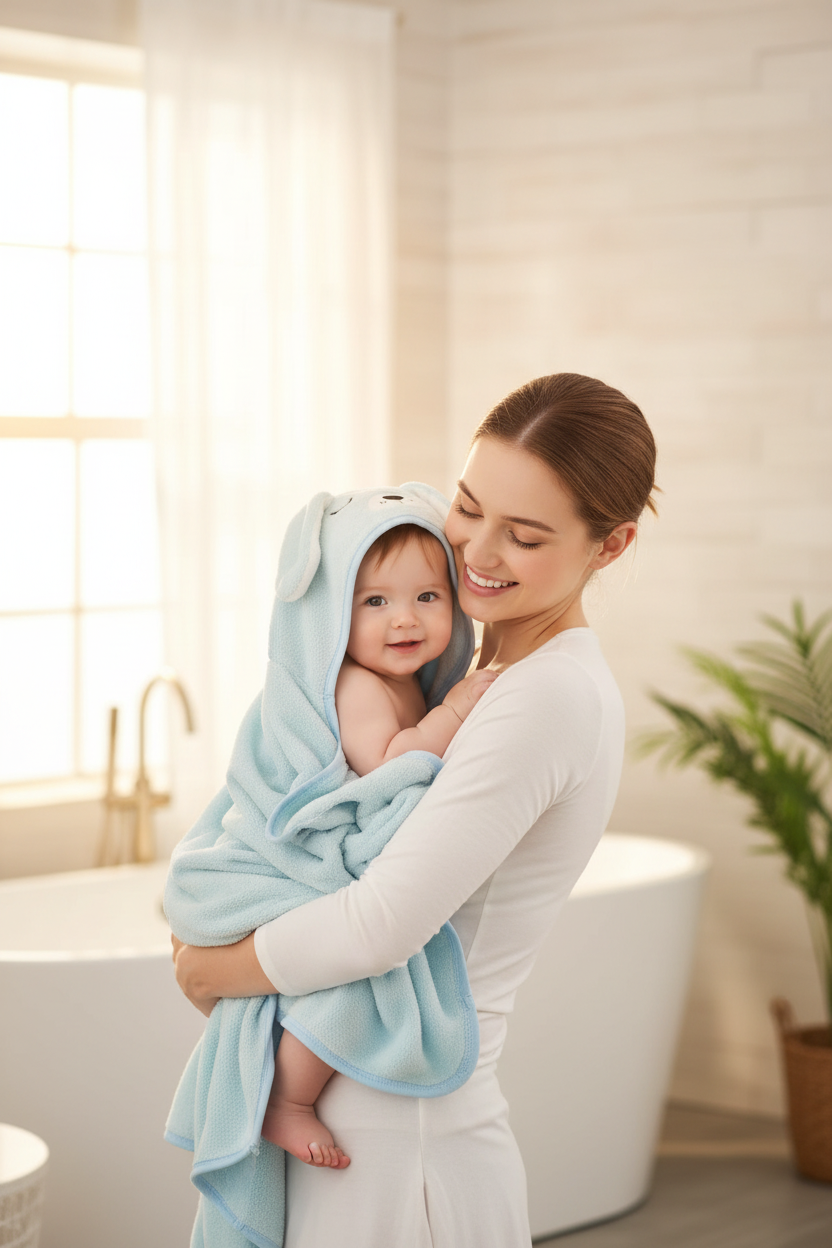 Bébé enveloppé dans la cape de bain bleu ciel à capuche, porté par sa maman