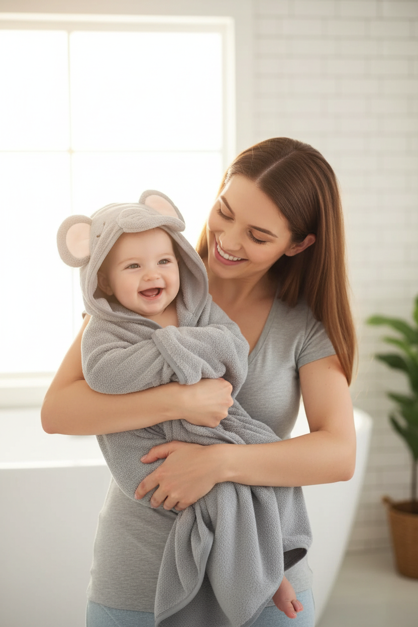 Bébé enveloppé dans la cape de bain grise à capuche éléphant, porté par sa maman